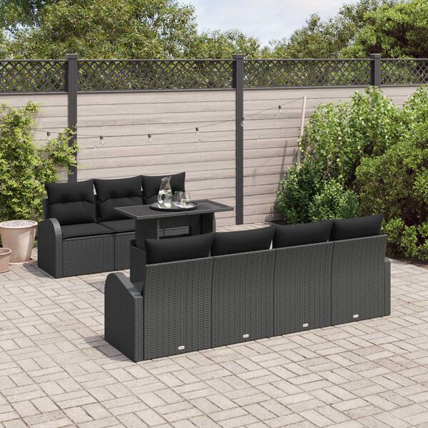 vidaXL Garðsófa sett með púði með geymslu 8 pcs Svartur Poly Rattan