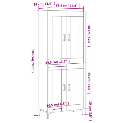 vidaXL Hár Skápur Steypugrár 69,5x34x180 cm Samsettur Viður