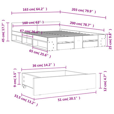 vidaXL Rúmgrind með Skúffum án Dýnu Sonoma Eikarlitur 160x200 cm