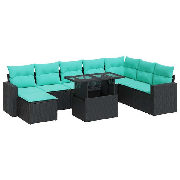 vidaXL 9 stykki gar&eth;s&oacute;fasett me&eth; p&uacute;&eth;um Black Poly Rattan Acacia