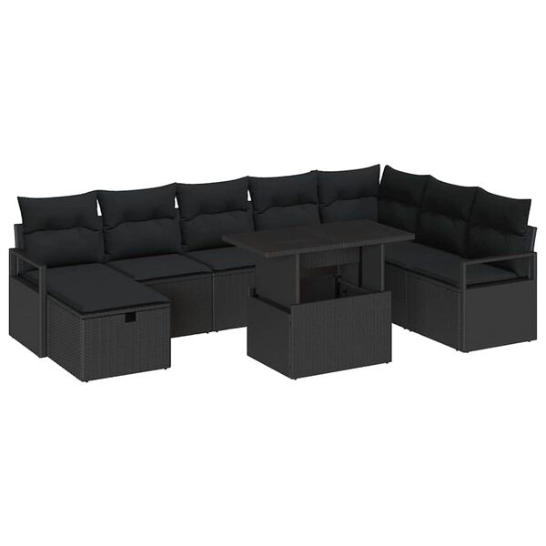vidaXL Gar&eth;s&oacute;fa sett me&eth; p&uacute;&eth;i me&eth; geymslu 9 pcs Svartur Poly rattan