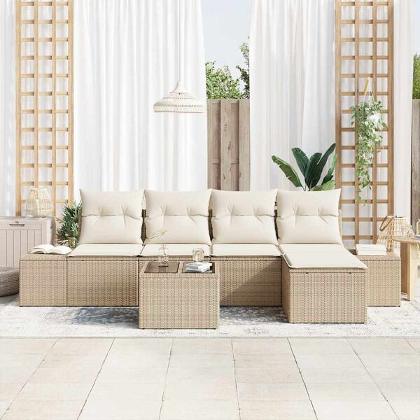 vidaXL Gar&eth;s&oacute;fa sett me&eth; p&uacute;&eth;i 5 pcs Beige og krem p&oacute;l&yacute;rattan
