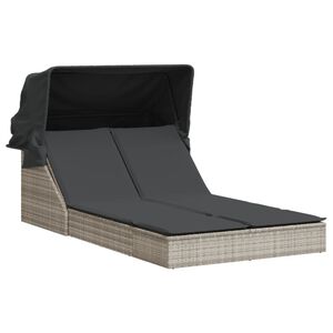 vidaXL Tv&ouml;faldur S&oacute;lbekkur me&eth; Skyggni og Sessum Lj&oacute;sgr&aacute; P&oacute;l&yacute;rattan