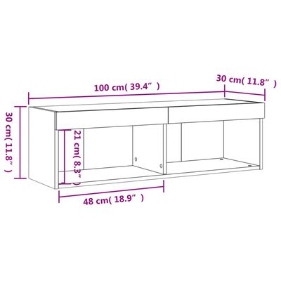 vidaXL Sjónvarpsskápur með LED Ljósum Reyktóna Eikarlitur 100x30x30 cm