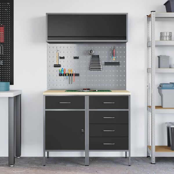 vidaXL Vinnusk&aacute;paset 5 pcs Svartur Pulverlita&eth;ur st&aacute;l og hanna&eth; tr&eacute;