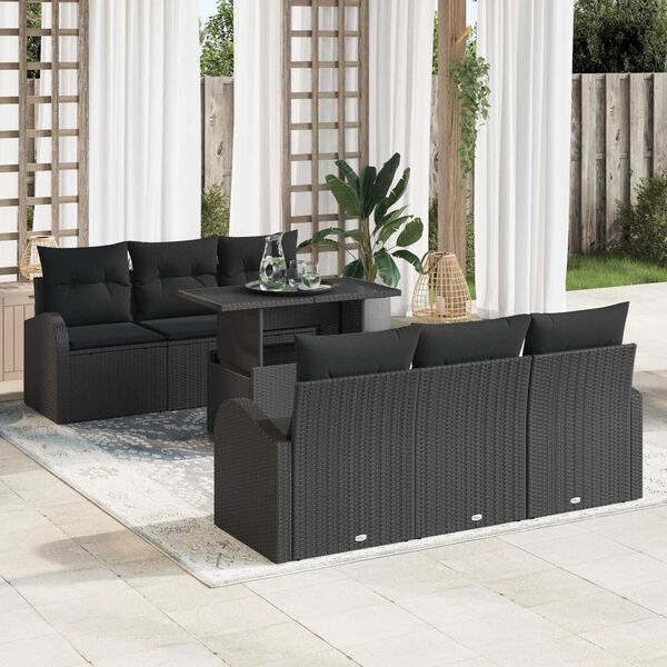 vidaXL Gar&eth;s&oacute;fa sett me&eth; p&uacute;&eth;i me&eth; geymslu 7 pcs Svartur Poly Rattan