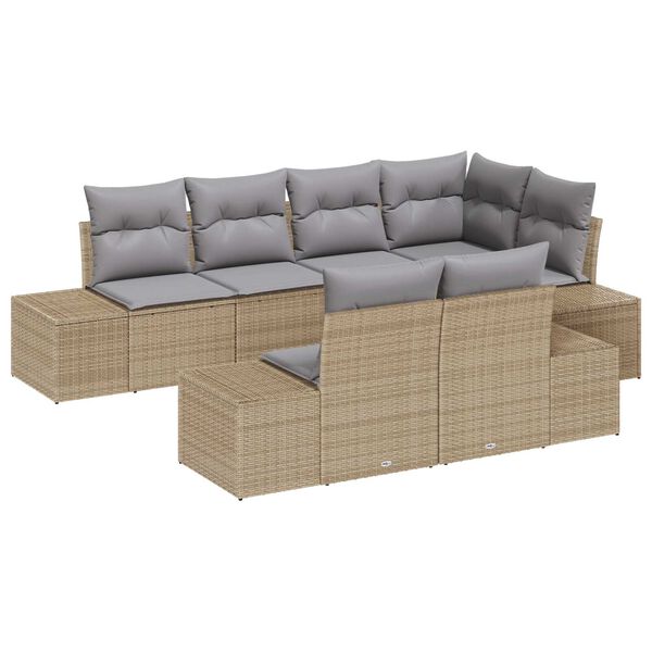 vidaXL Gar&eth;s&oacute;fa sett me&eth; p&uacute;&eth;i 7 pcs Beige og Gr&aacute;tt p&oacute;l&yacute;rattan