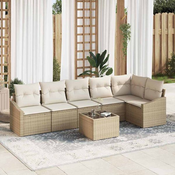 vidaXL Gar&eth;s&oacute;fa sett me&eth; p&uacute;&eth;i 7 pcs Beige og krem p&oacute;l&yacute;rattan
