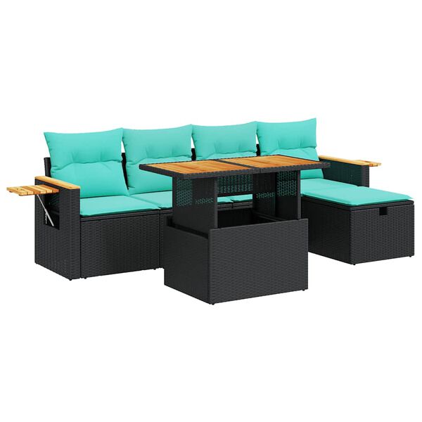 vidaXL 6 stykki gar&eth;s&oacute;fasett me&eth; p&uacute;&eth;um Black Poly Rattan Acacia