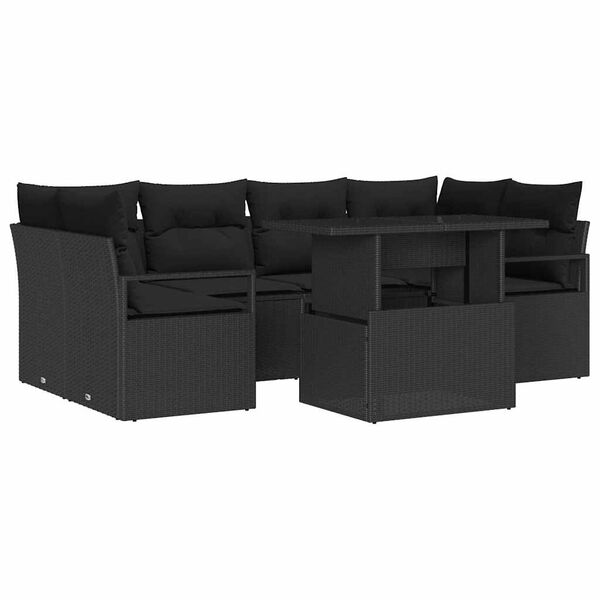 vidaXL Gar&eth;s&oacute;fa sett me&eth; geymslu me&eth; kodda 7 pcs Svartur p&oacute;l&yacute;rattan