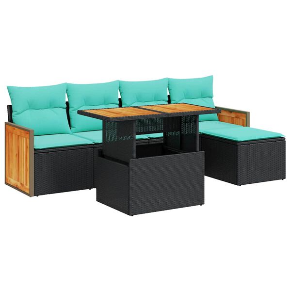 vidaXL 6 stykki gar&eth;s&oacute;fasett me&eth; p&uacute;&eth;um Black Poly Rattan Acacia