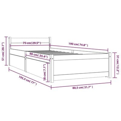 vidaXL Rúmgrind með Skúffum 75x190cm Lítil Einbreið