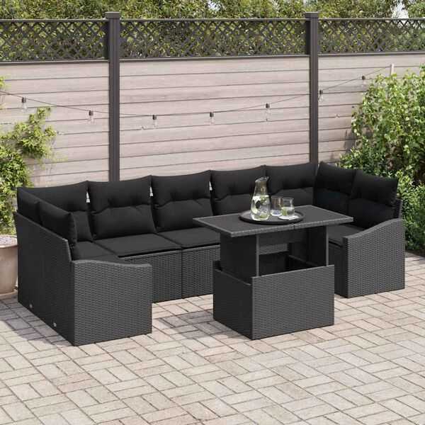 vidaXL Gar&eth;s&oacute;fa sett me&eth; geymslu 8 pcs Svartur Poly rattan