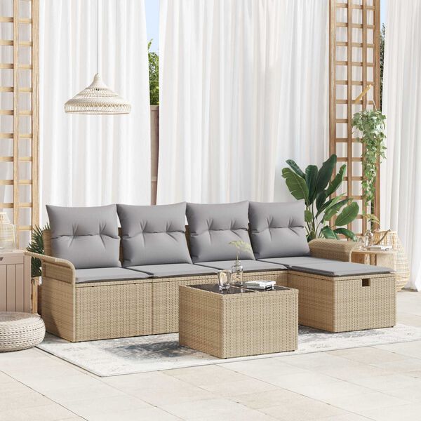 vidaXL Gar&eth;s&oacute;fa sett me&eth; p&uacute;&eth;i 6 pcs Beige og lj&oacute;sgr&aacute;r p&oacute;l&yacute;rattan