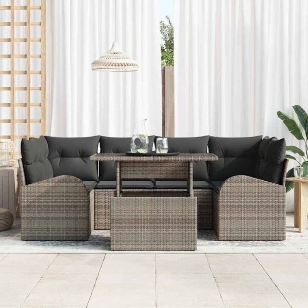 vidaXL Garðsófa sett með púði 7 pcs Grár Poly rattan
