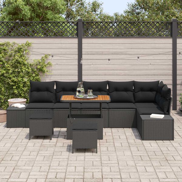 vidaXL Gar&eth;s&oacute;fa sett me&eth; p&uacute;&eth;i 9 pcs Svartur Poly rattan