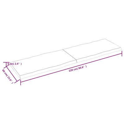 vidaXL Borðplata Ljósbrún 220x60x(2-6) cm Meðhöndluð Náttúrul. Brúnir