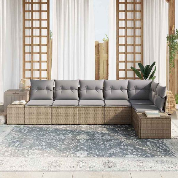 vidaXL Gar&eth;s&oacute;fa sett me&eth; p&uacute;&eth;i 6 pcs Beige og Gr&aacute;tt p&oacute;l&yacute;rattan