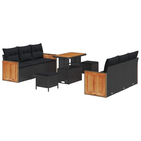 vidaXL Gar&eth;s&oacute;fa sett 9 pcs Svartur Poly Rattan og P&uacute;&eth;ur-lakki&eth; St&aacute;l