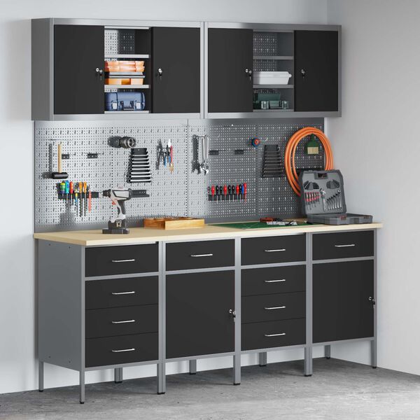 vidaXL Vinnusk&aacute;pur me&eth; sk&uacute;ffu 10 pcs Svartur Vinnslutr&eacute; og st&aacute;li