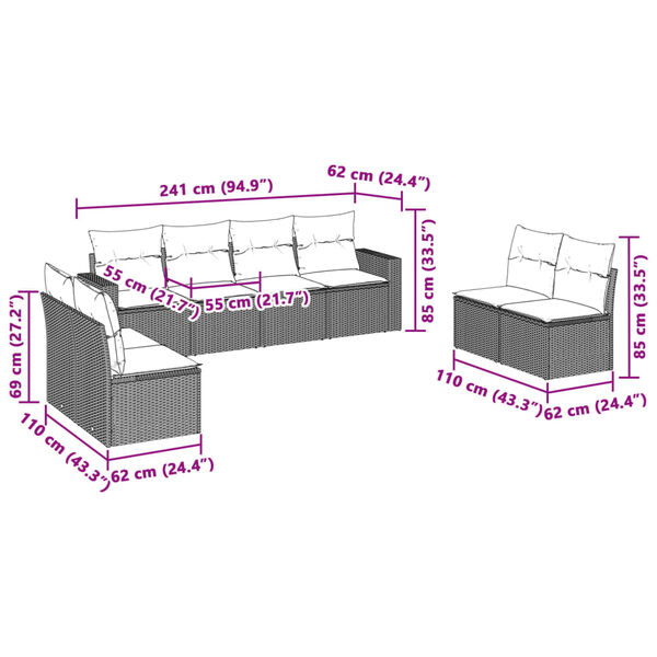 vidaXL 8-Hluta Gar&eth;s&oacute;fasett me&eth; Sessum Lj&oacute;sgr&aacute;r P&oacute;l&yacute;rattan