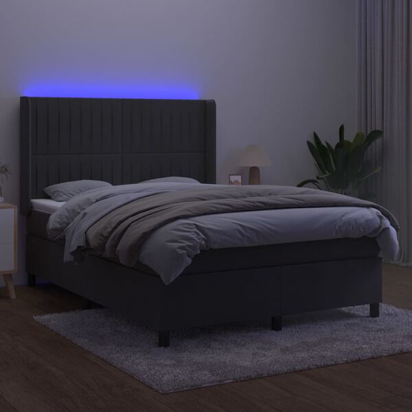 vidaXL H&oacute;lfa&eth; Springr&uacute;m me&eth; D&yacute;nu&LED D&ouml;kkgr&aacute;tt 140x190 cm Flauel