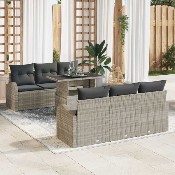 vidaXL Gar&eth;s&oacute;fa sett me&eth; p&uacute;&eth;i 7 pcs Lj&oacute;sgr&aacute;tt Poly rattan