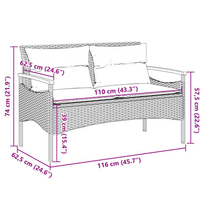 vidaXL Garðbekkur með Sessum 116x62,5x74 cm Grátt Pólýrattan