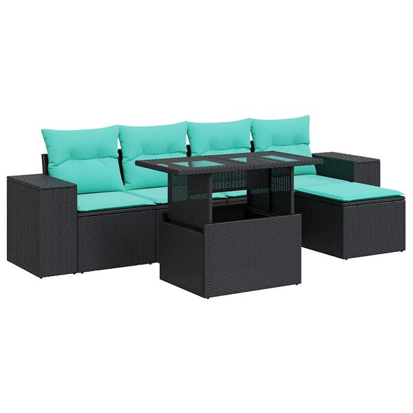 vidaXL 6 stykki gar&eth;s&oacute;fasett me&eth; p&uacute;&eth;um Black Poly Rattan Acacia
