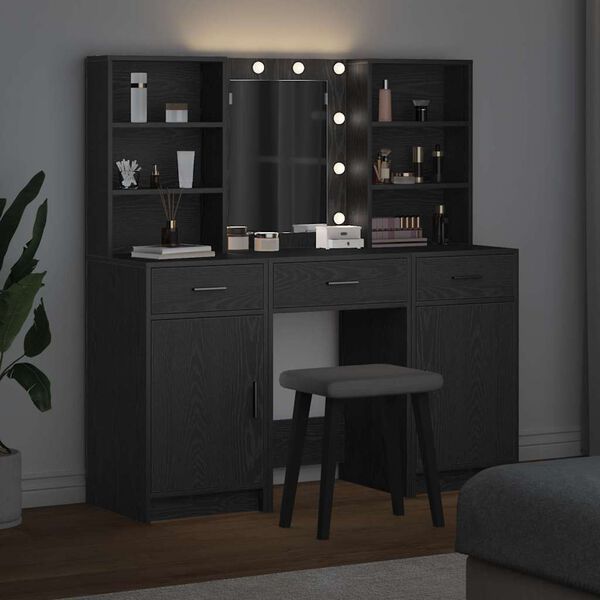 vidaXL Snyrtibor&eth;ssetur me&eth; LED 3 pcs Svartur Eik Samsettur vi&eth;ur