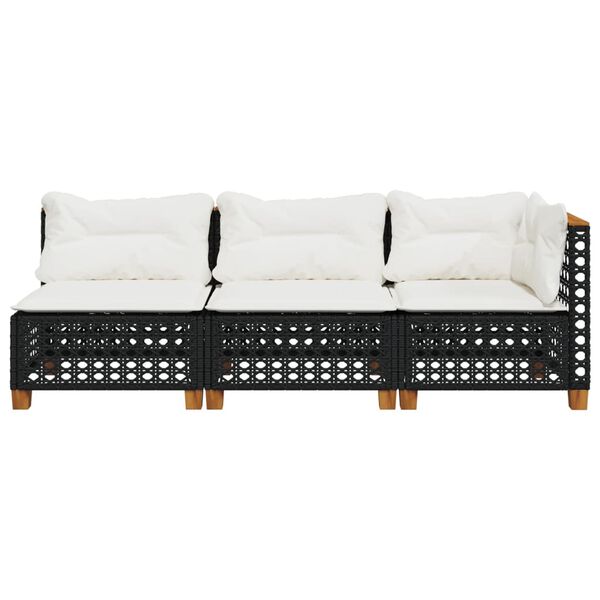 vidaXL Garðsófi með Púðum 3-Sæta Svart Pólýrattan