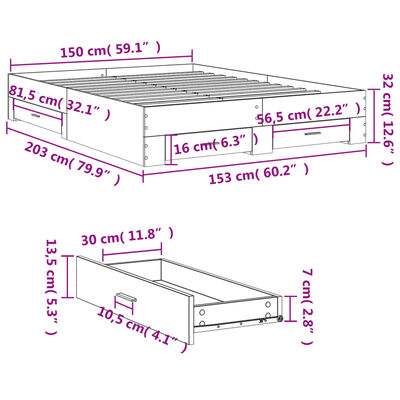 vidaXL Rúmgrind með Skúffum án Dýnu Reyktóna Eikarlitur 150x200 cm