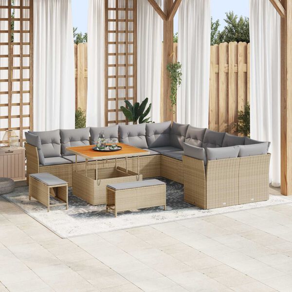 vidaXL Gar&eth;s&oacute;fa sett me&eth; p&uacute;&eth;i 13 pcs Beige og lj&oacute;sgr&aacute;r p&oacute;l&yacute;rattan