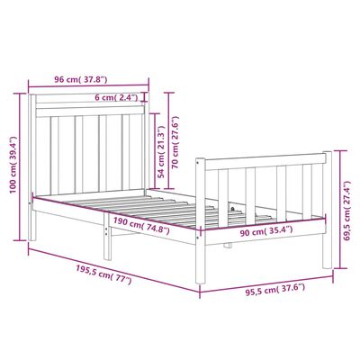 vidaXL Rúmgrind Svört Gegnheill Viður 90x190 cm Einbreið