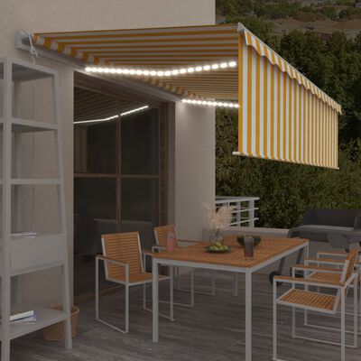 vidaXL sjálfvirkt skyggni með blindu&LED&vindskynjara 5x3m gult&hvítt