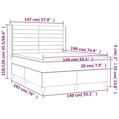 vidaXL Hólfað Springrúm með Dýnu Ljósgrátt 140x190 cm Flauel