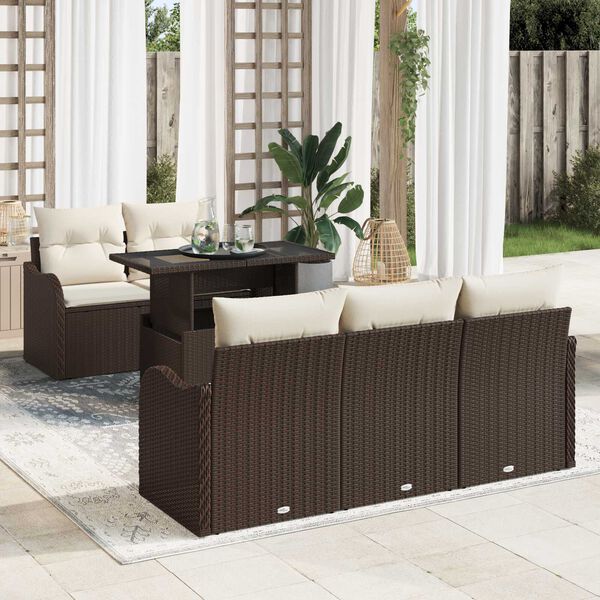 vidaXL Gar&eth;s&oacute;fa sett me&eth; p&uacute;&eth;i me&eth; kodda 6 pcs Br&uacute;nn Poly Rattan
