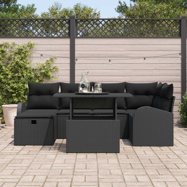 vidaXL Gar&eth;s&oacute;fa sett me&eth; p&uacute;&eth;i me&eth; geymslu 7 pcs Svartur Poly rattan