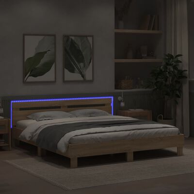 vidaXL Rúmgrind með LED án Dýnu Sonoma Eikarlitur 200x200 cm