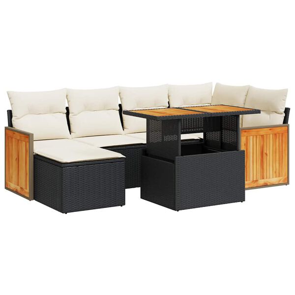 vidaXL 7 stykki gar&eth;s&oacute;fasett me&eth; p&uacute;&eth;um Black Poly Rattan Acacia