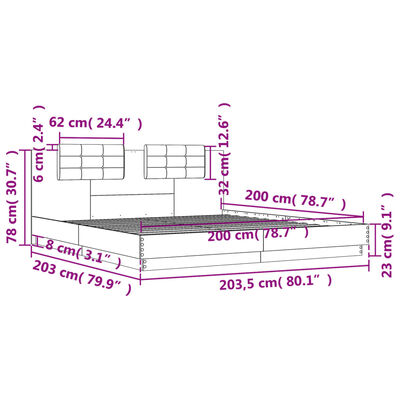 vidaXL Rúmgrind með Höfuðgafli Grár Sonoma 200x200 cm Samsettur Viður