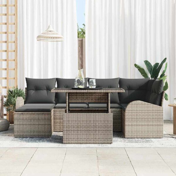 vidaXL Gar&eth;s&oacute;fa sett me&eth; geymslu 7 pcs Gr&aacute;r Poly rattan