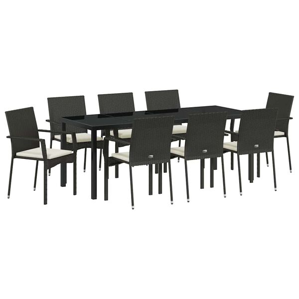 vidaXL Garður borðsett með púði 9 pcs Svartur pólýrattan