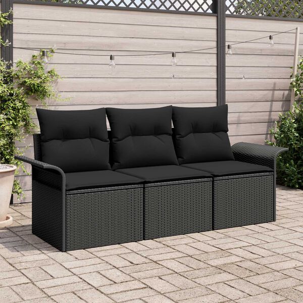 vidaXL Garðsófa sett með púði með geymslu 3 pcs Svartur Poly rattan