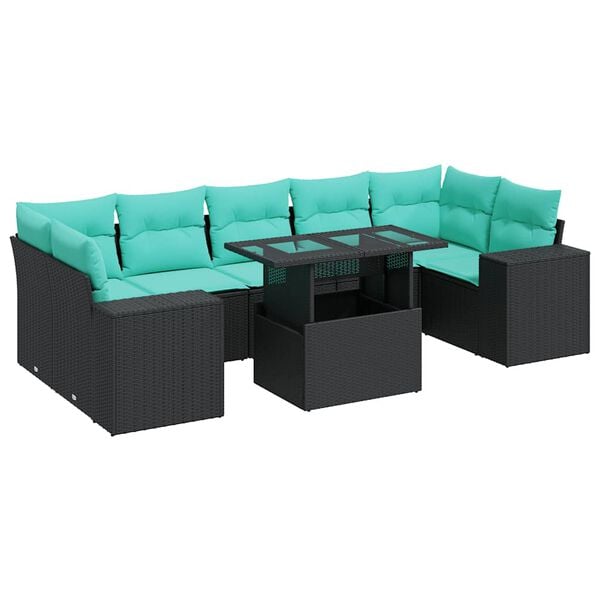 vidaXL 8 stykki gar&eth;s&oacute;fasett me&eth; p&uacute;&eth;um Black Poly Rattan Acacia