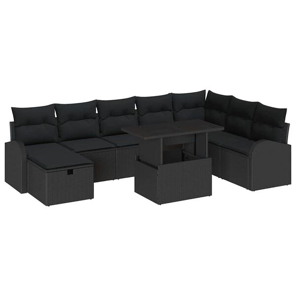 vidaXL Gar&eth;s&oacute;fa sett me&eth; p&uacute;&eth;i me&eth; geymslu 9 pcs Svartur Poly rattan