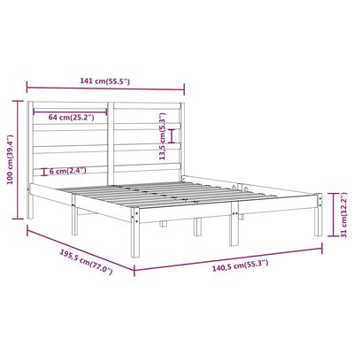 vidaXL Rúmgrind Grá Gegnheill Viður 135x190 cm Tvíbreið