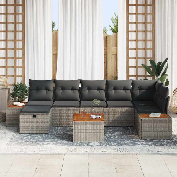 vidaXL Gar&eth;s&oacute;fa sett me&eth; kodda 8 pcs Gr&aacute;r Poly rattan