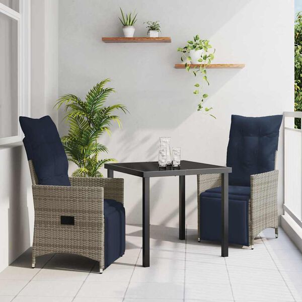 vidaXL Borð og stólaflokkur með púði 3 pcs Grár PE rattan