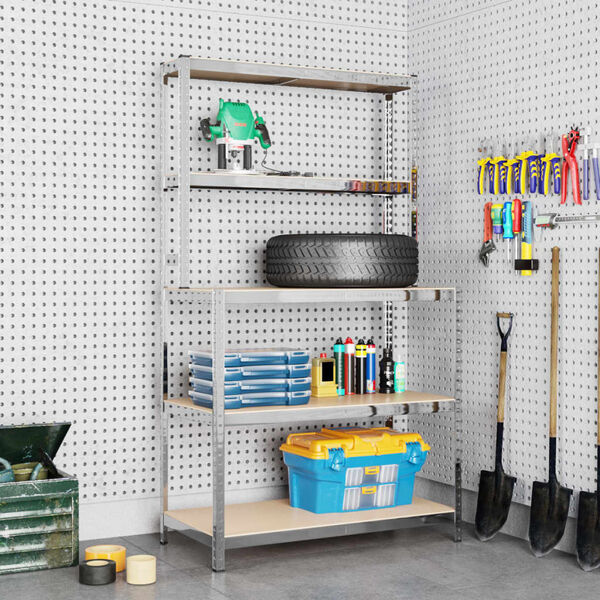 vidaXL 5-laga Vinnuborð með Hillum Silfur Stál og Smíðaviði